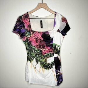 Elana Kattan Sheer‎ Mesh Stretch Floral Print Gathered Square Neck Top